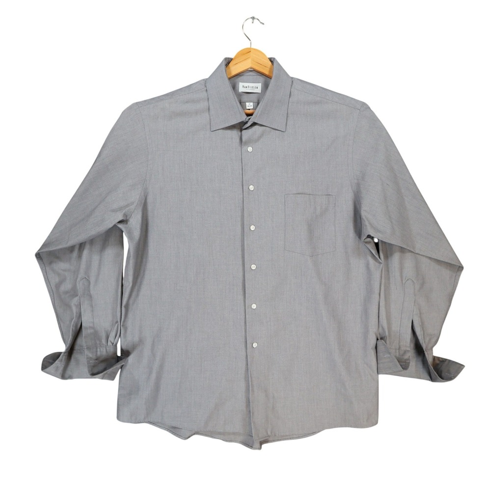 Van Heusen Button Down Shirt Mens 17 34/35 Gray Textured Long Sleeve Dress Shirt